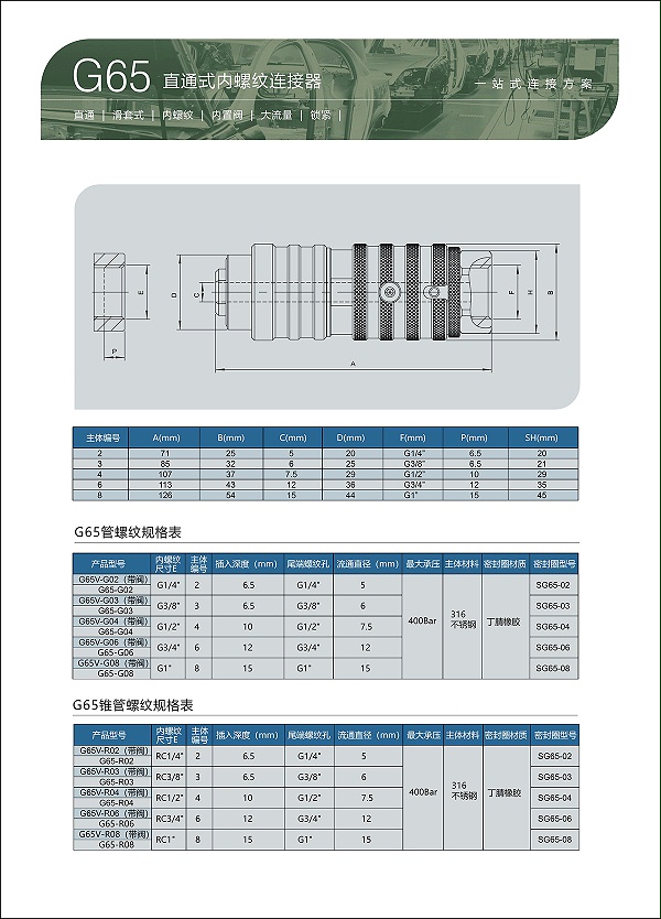 G65系列直通式内螺纹连接器-参数表1