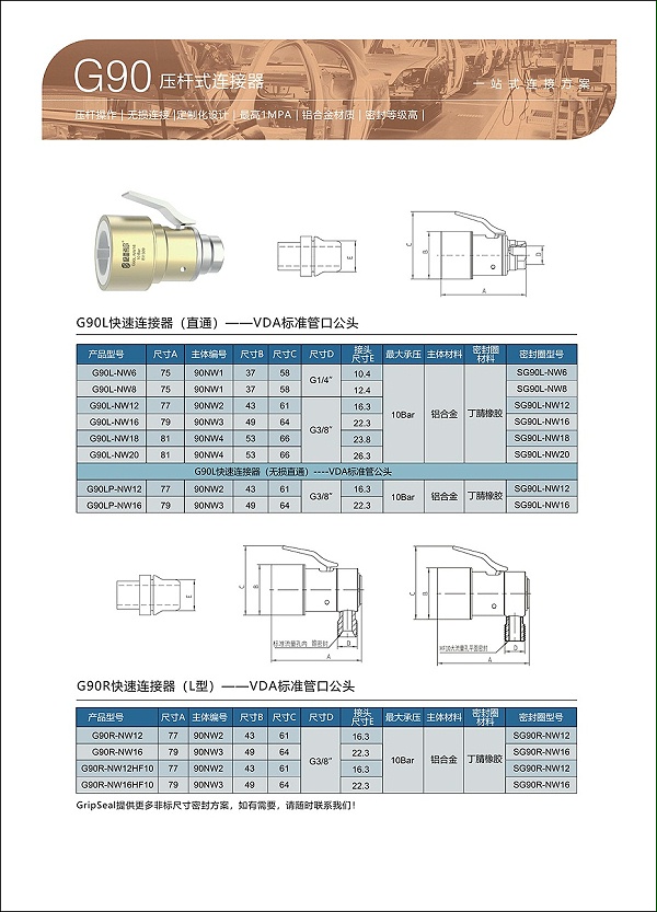 G90L系列压杆式无损连接器选型表